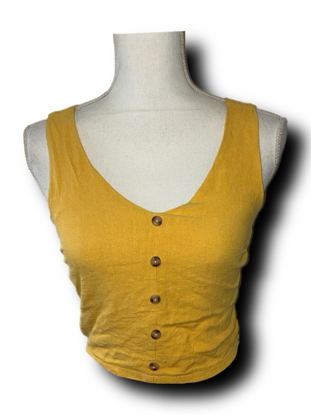 Monteau Los Angeles Sleeveless Linen Blend Button Front Crop Mustard Retro Vibe